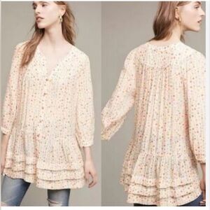 Anthropologie Maeve Tunic Top Paccia Geometric Print Relaxed Pocket Ruffle Small